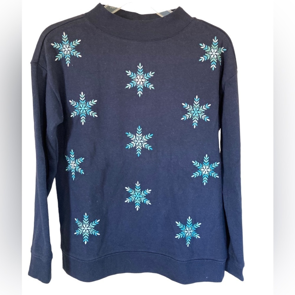Talbots Embroidered Snowflake Mockneck Navy Sweatshirt (Size XS)‎